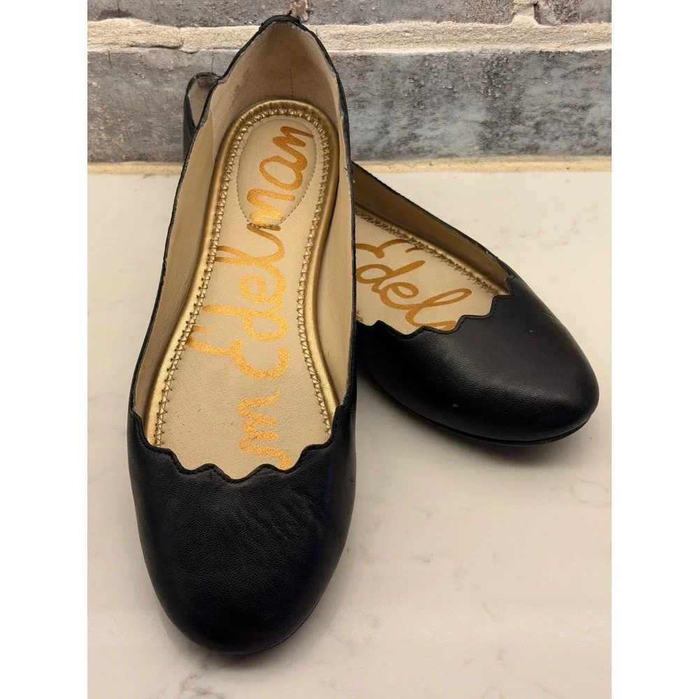 Sam Edelman Felicia Black Leather Scalloped Ballet Flats Womens 6.5